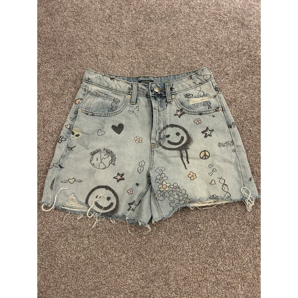 90s Y2K Bermuda Shorts Womens 2 Blue Excellent Doodle Print Distressed Denim